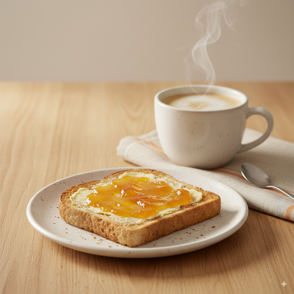 Café con leche y tostada de pan artesano