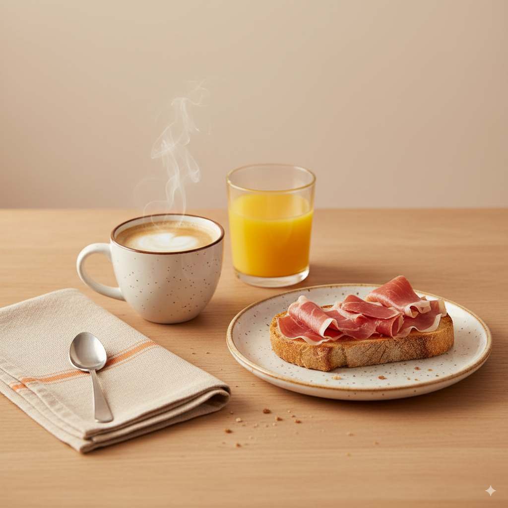 Desayuno completo con café, zumo y tostada